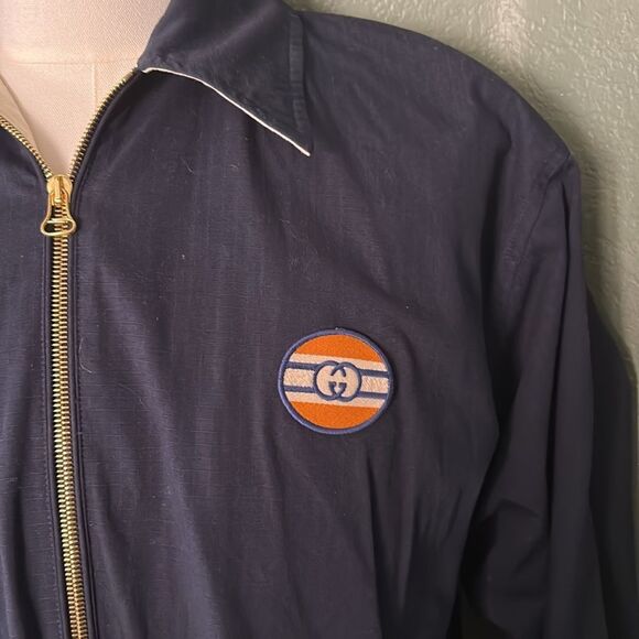 GUCCI navy blue logo appliqué bomber jacket - Picture 5 of 15